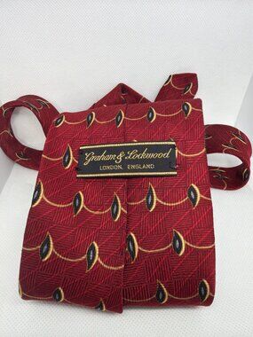 Graham & Lockwood Elegant Red Silk Tie With Gold & Navy Pattern Mens Neckwear